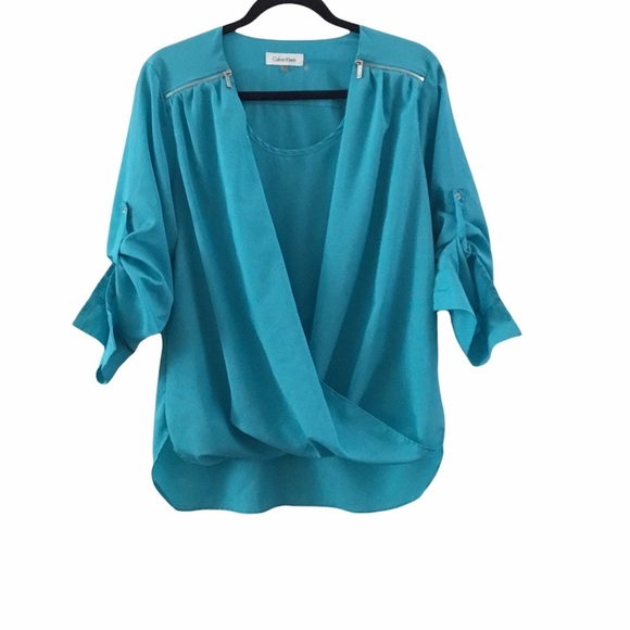 Calvin Klein Turquoise Faux Wrap Top Size Medium - Picture 1 of 9